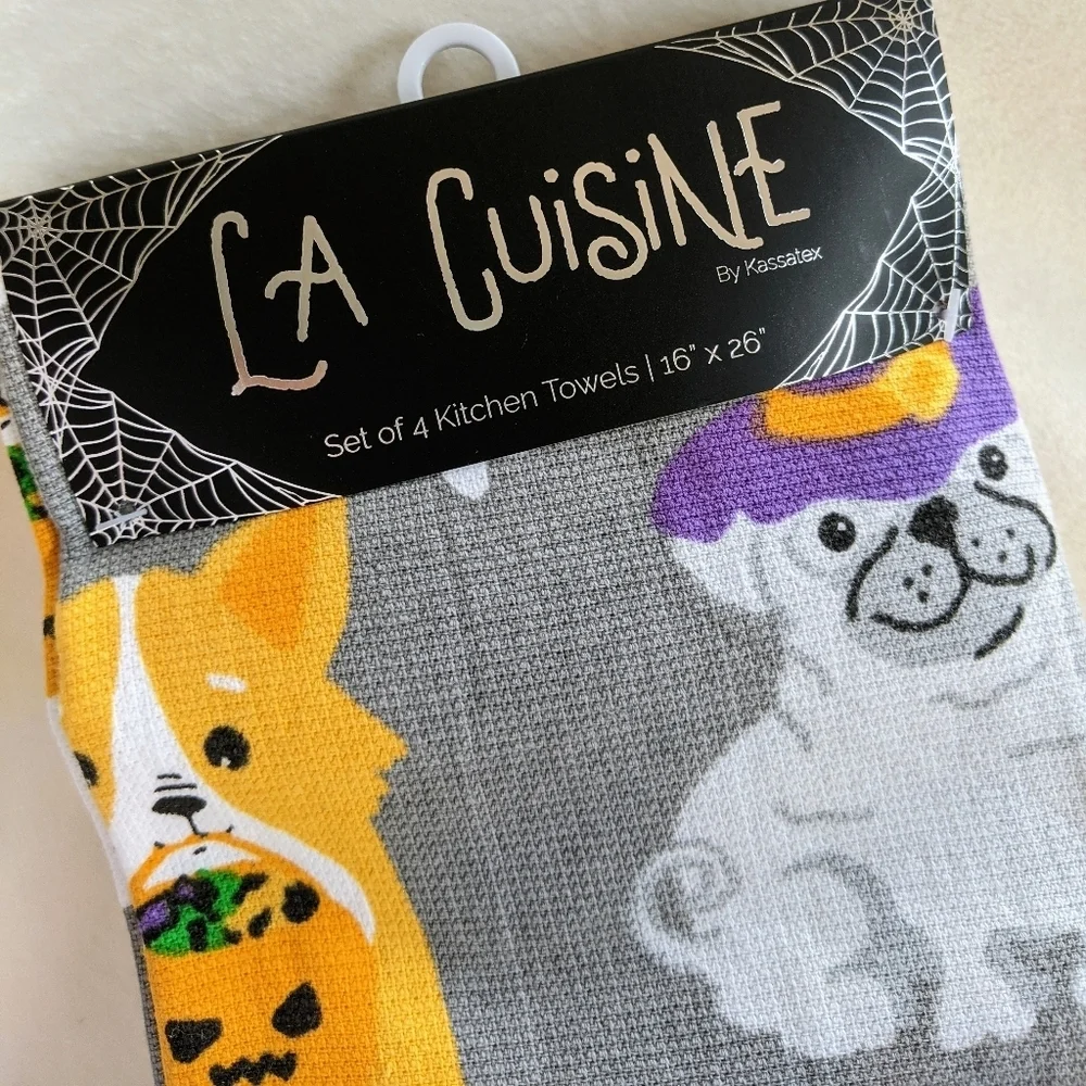 Boston Terrier Pug Halloween Theme Kitchen Towels Set of 4 Textured Cotton NWT